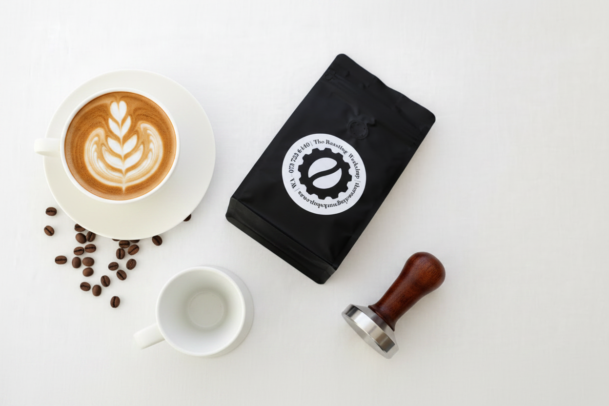 A black coffee bag with a white circular logo sits next to a white cup filled with roasted coffee beans on a white surface.